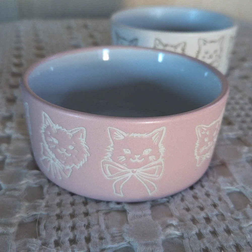 Mellow & Mod Coquette Cute Cats Small Ceramic Pet Bowls Dishes Set of Two